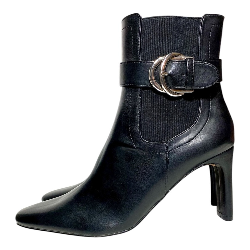 NY&C Women’s Size 9 Black Vegan Leather Double Block Heel Boots Silver Buckle
